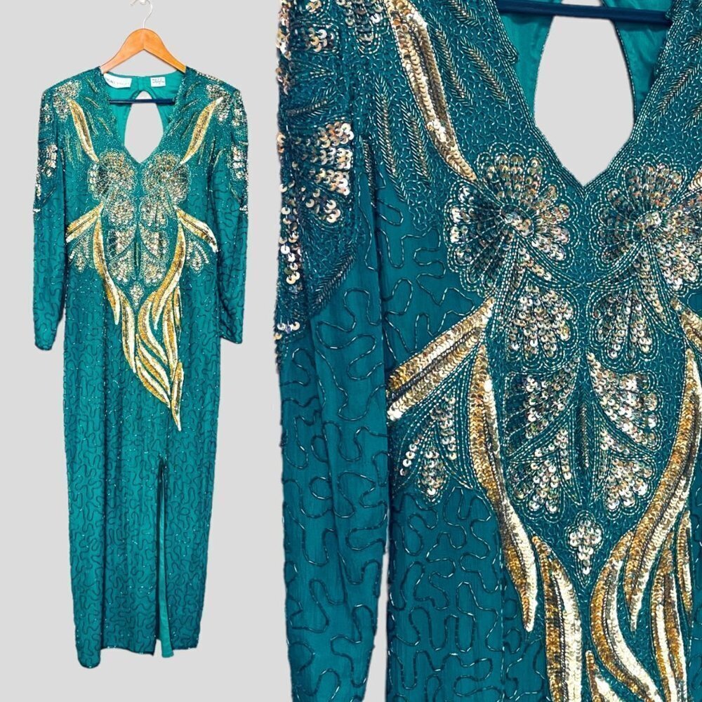 Night Vogue vintage Y2K Dress Gown 8 Green Silk Owl Art Sequined Full Length